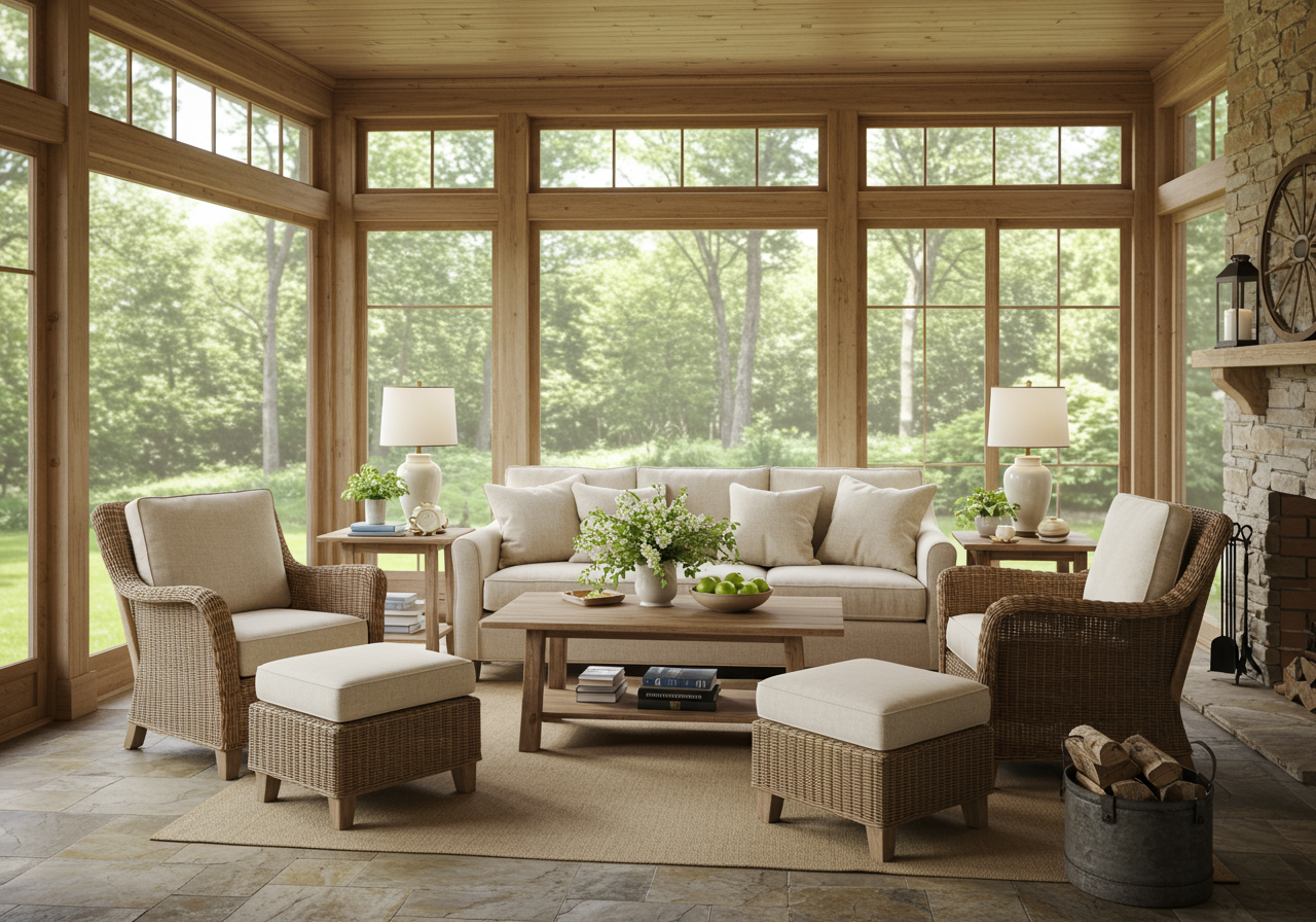Enclosed porch with natural textures