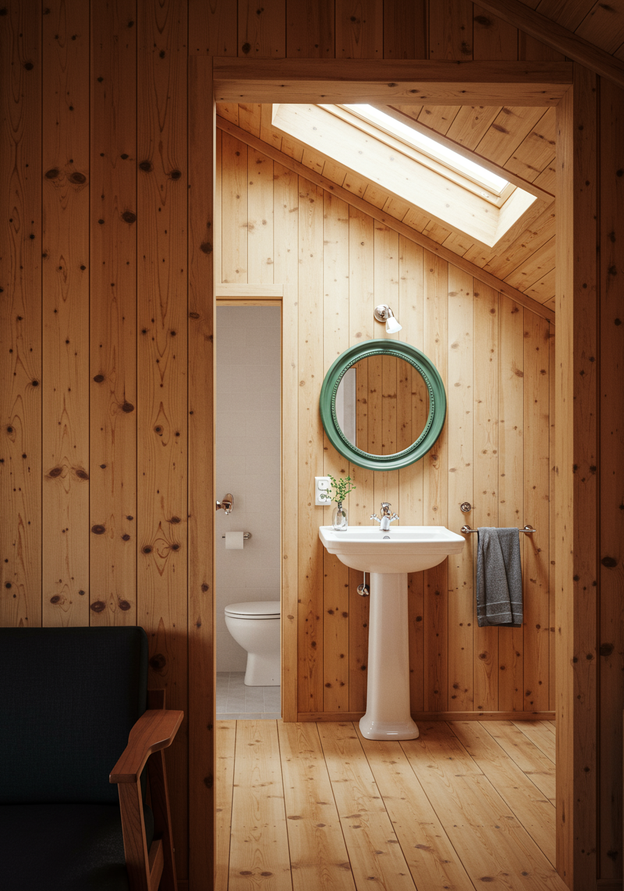 Image may contain Indoors Interior Design Wood Hardwood Stained Wood Sink Wood Panels Couch and Furniture