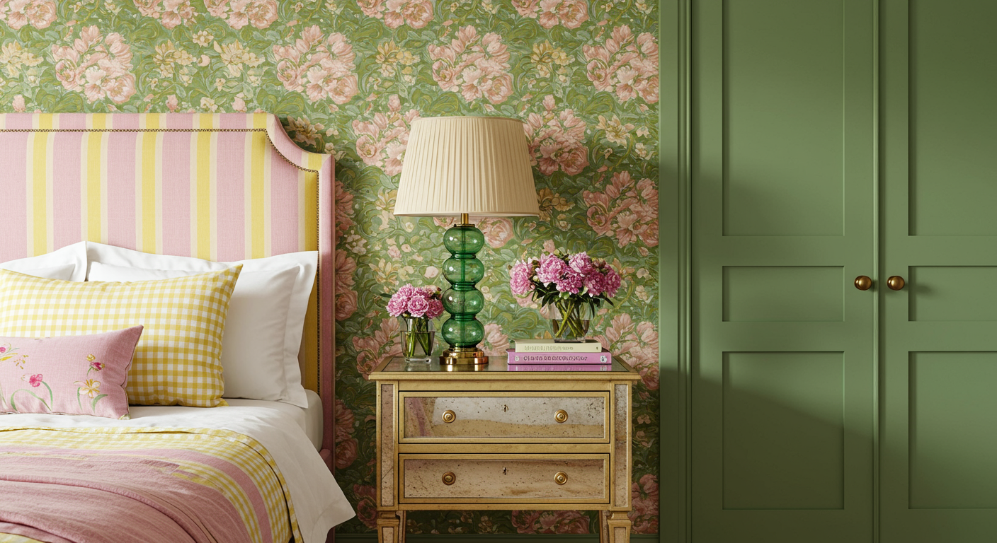 Green bedroom with floral wallpaper