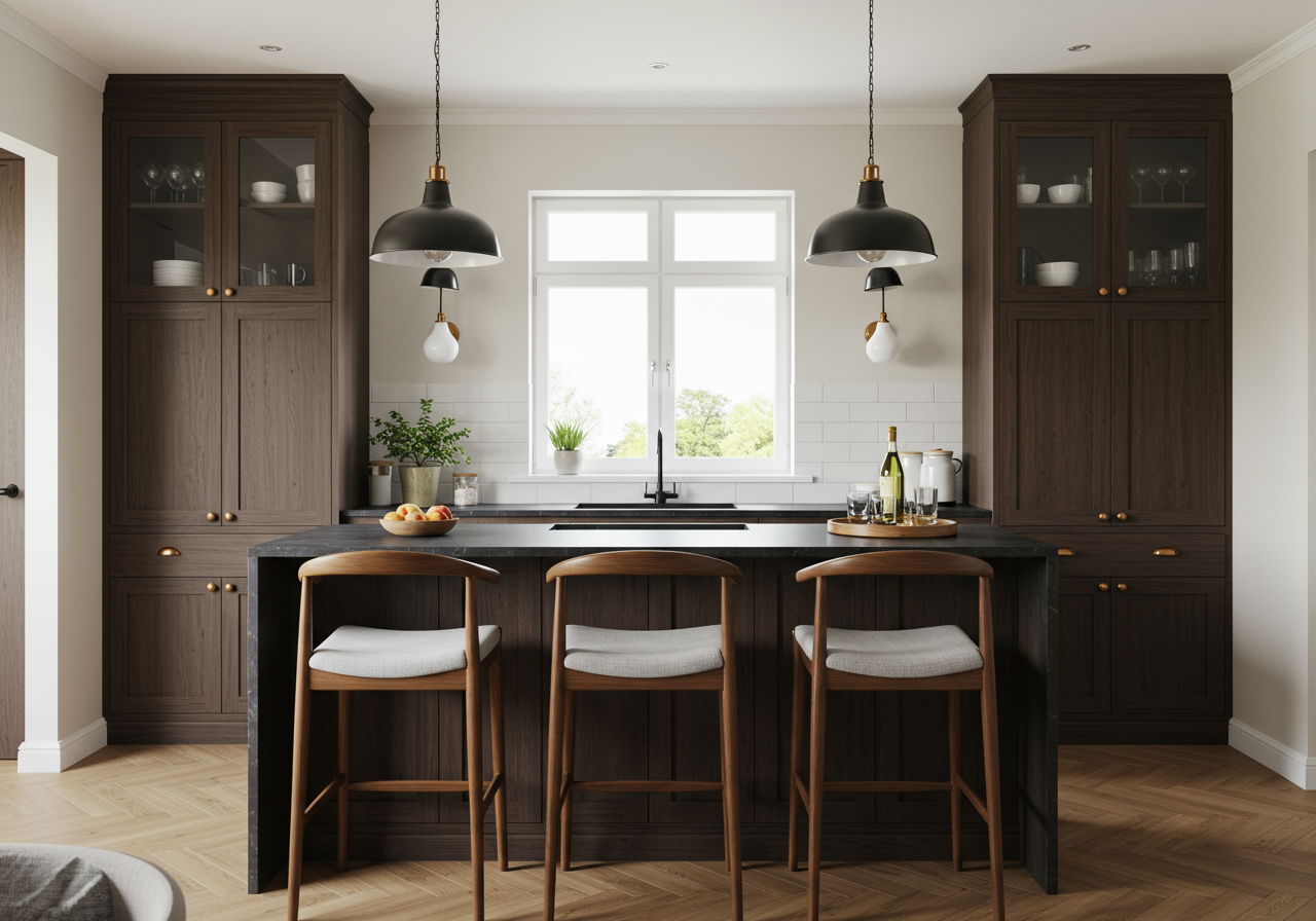 kitchen with bar and barstools