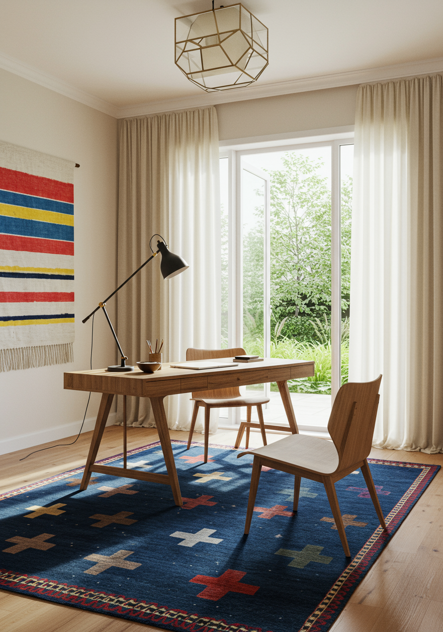 Image may contain Indoors Interior Design Lamp Chair Furniture Table Home Decor Rug Desk Plate and Tabletop