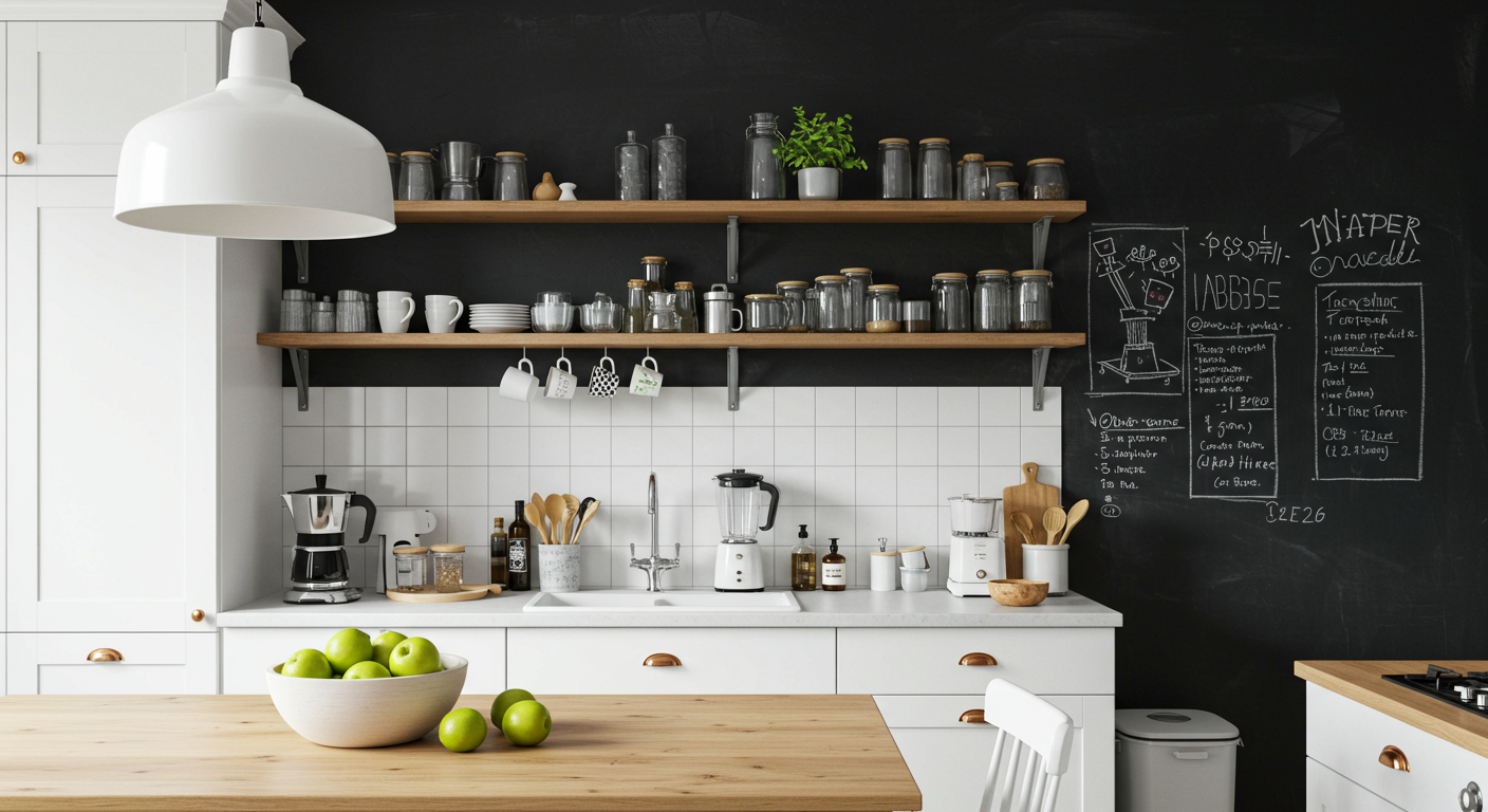 White kitchen with blackboard above open shelf