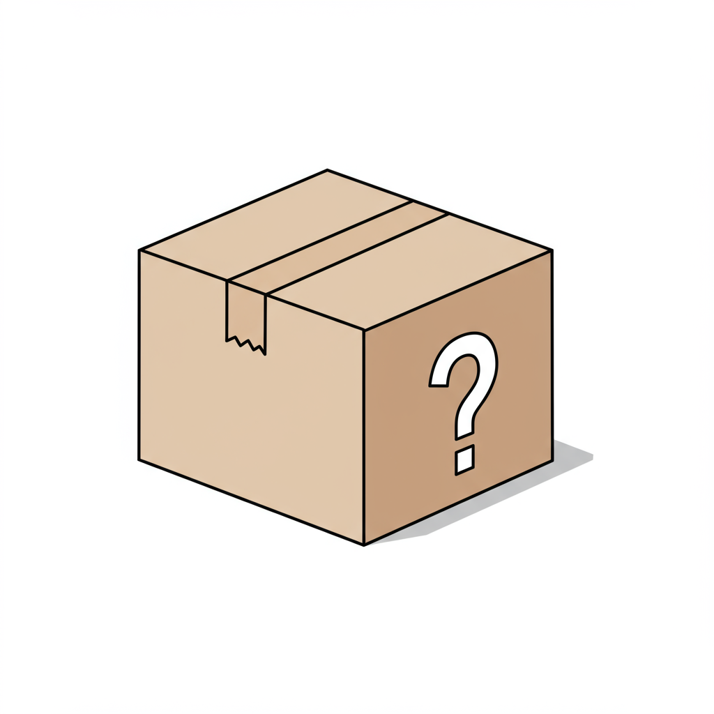 Sealed cardboard moving box marked with a question mark