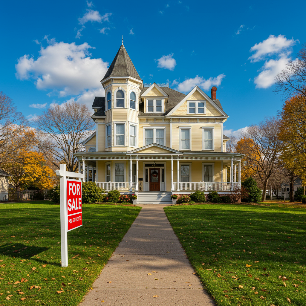 a large white home with a red for sale sign