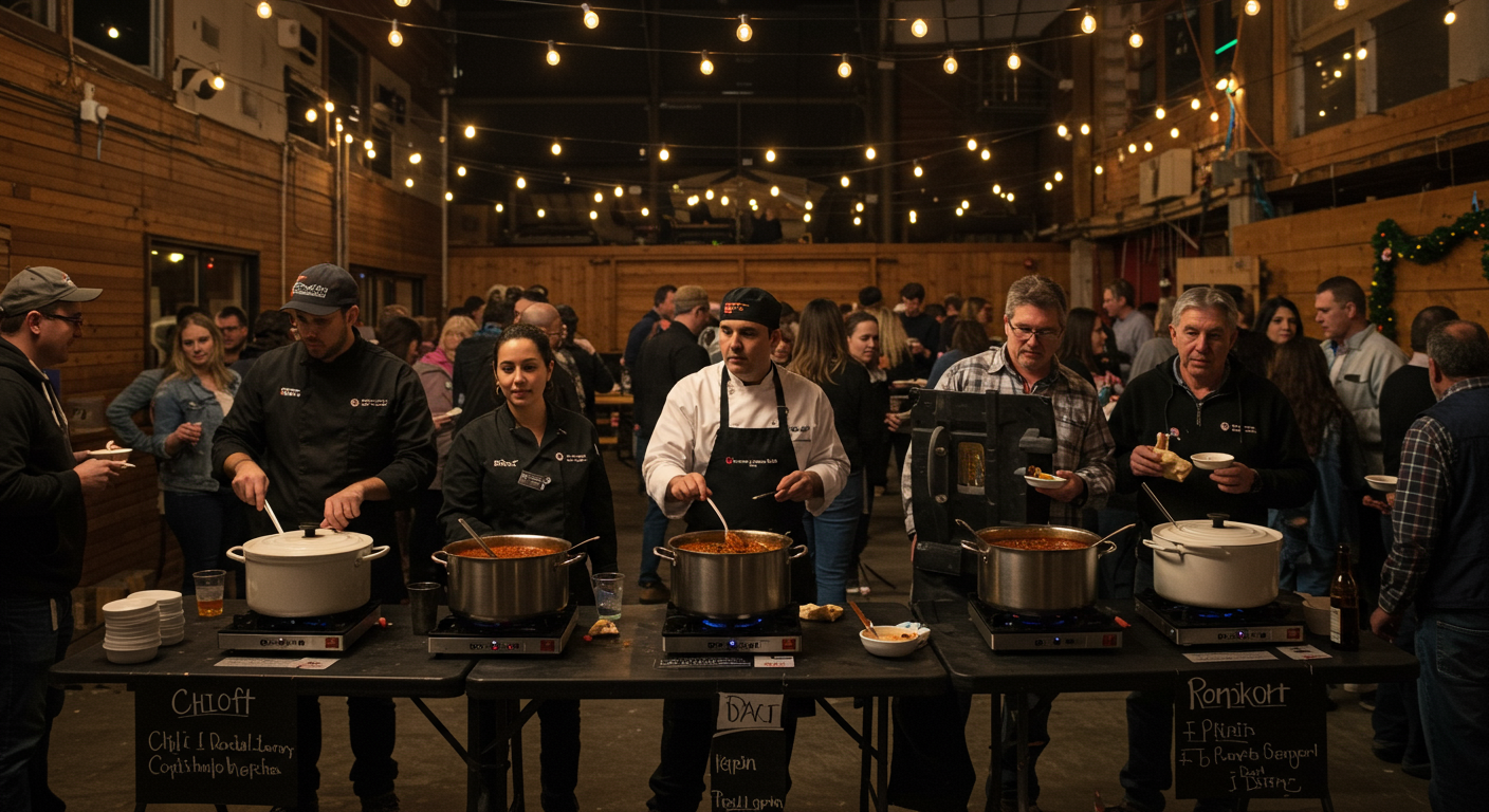 Cooks serve chili at a crowded charity cook-off beneath string lights.