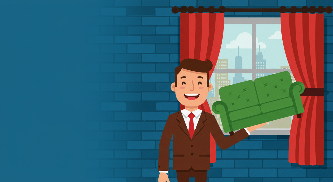 Illustration of a smiling man presenting a green sofa in front of a window.