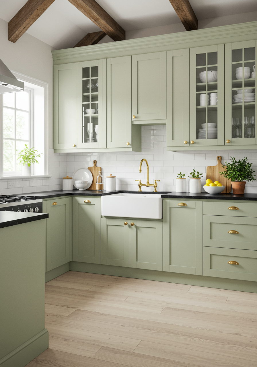 organized kitchen setup by design and build firm forge bow dwellings green lower cabinets, white upper cabinets, glass front cabinets, dishware in cabinets, clean, organized