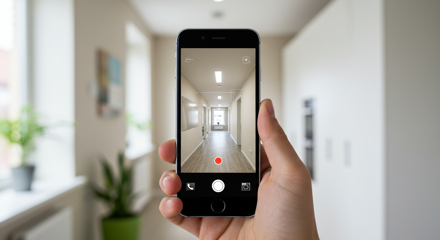 Person holding a smartphone while recording a video of a bright hallway in a modern home.