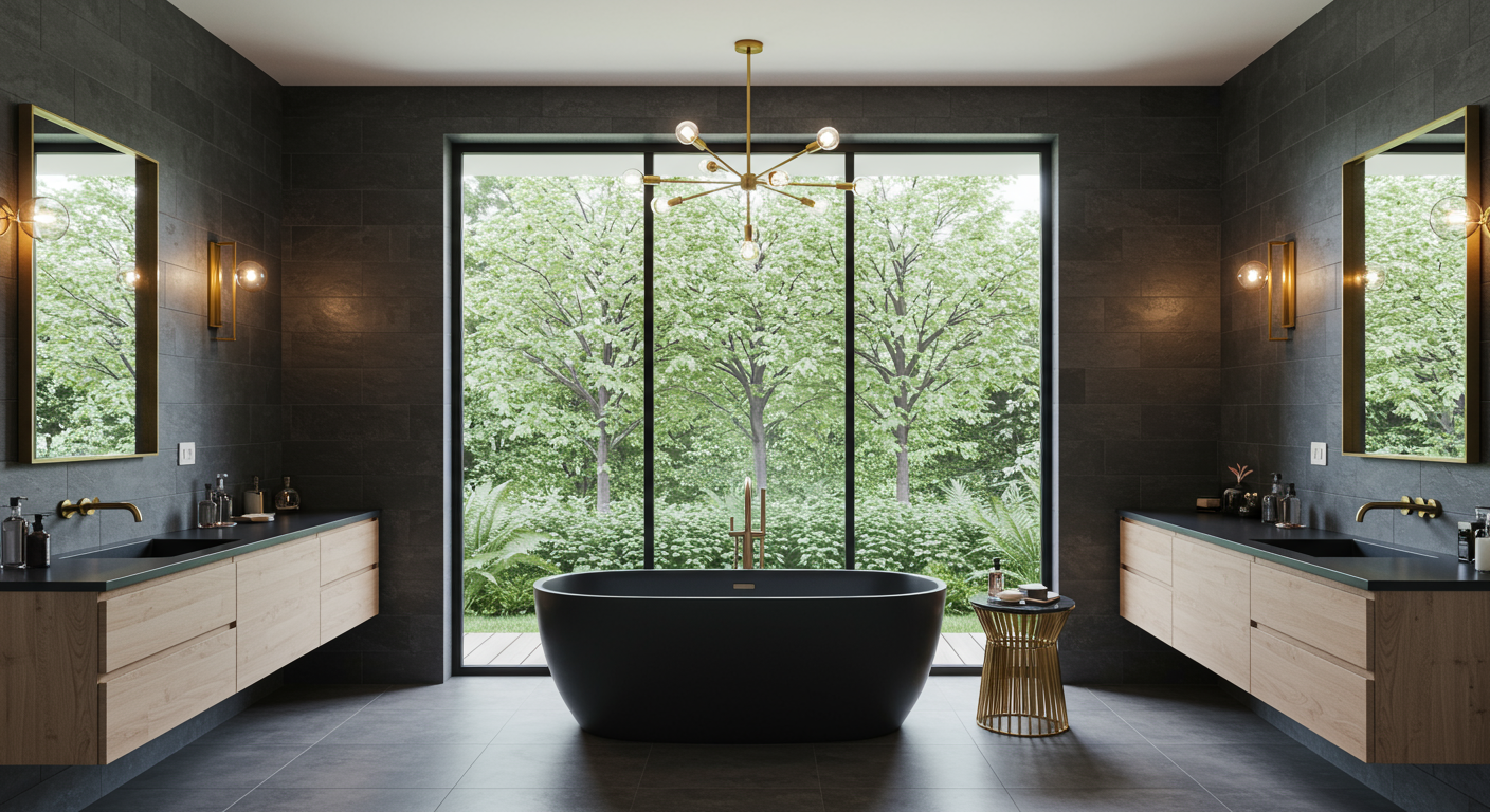 a black bathtub in the center of a bathroom, with a large window behind it and sinks on either side.
