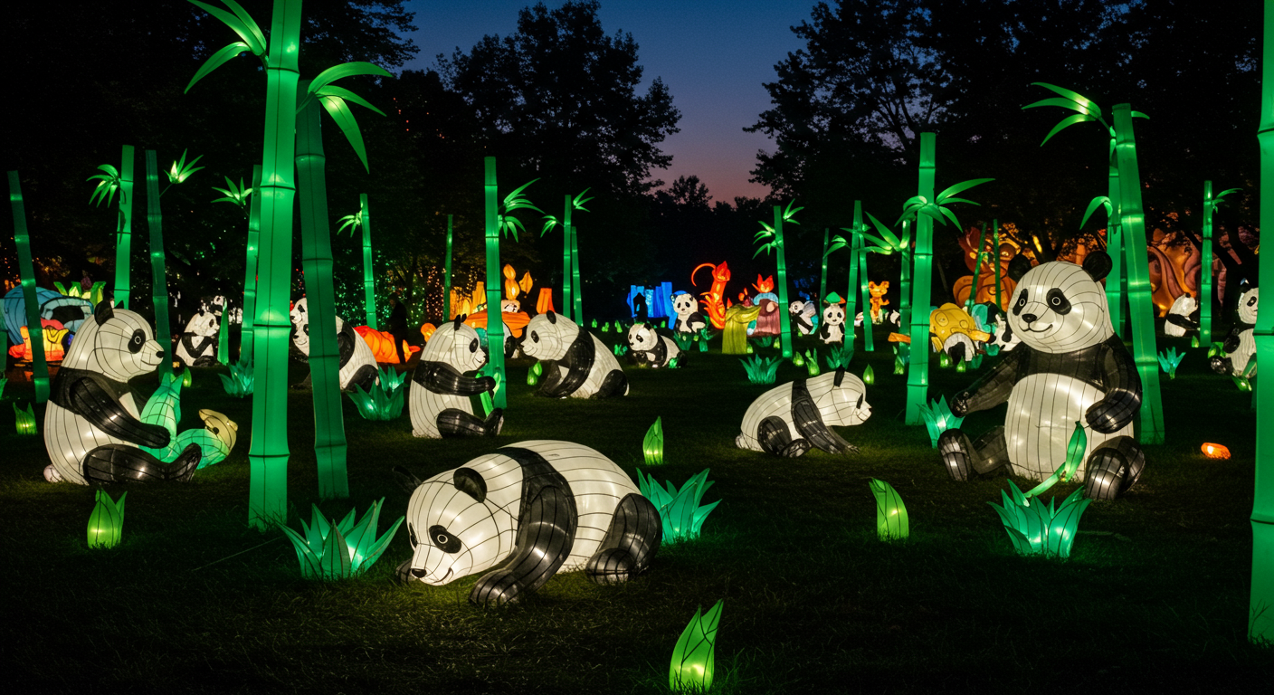 Panda and bamboo lanterns at Glowfari at Oakland Zoo