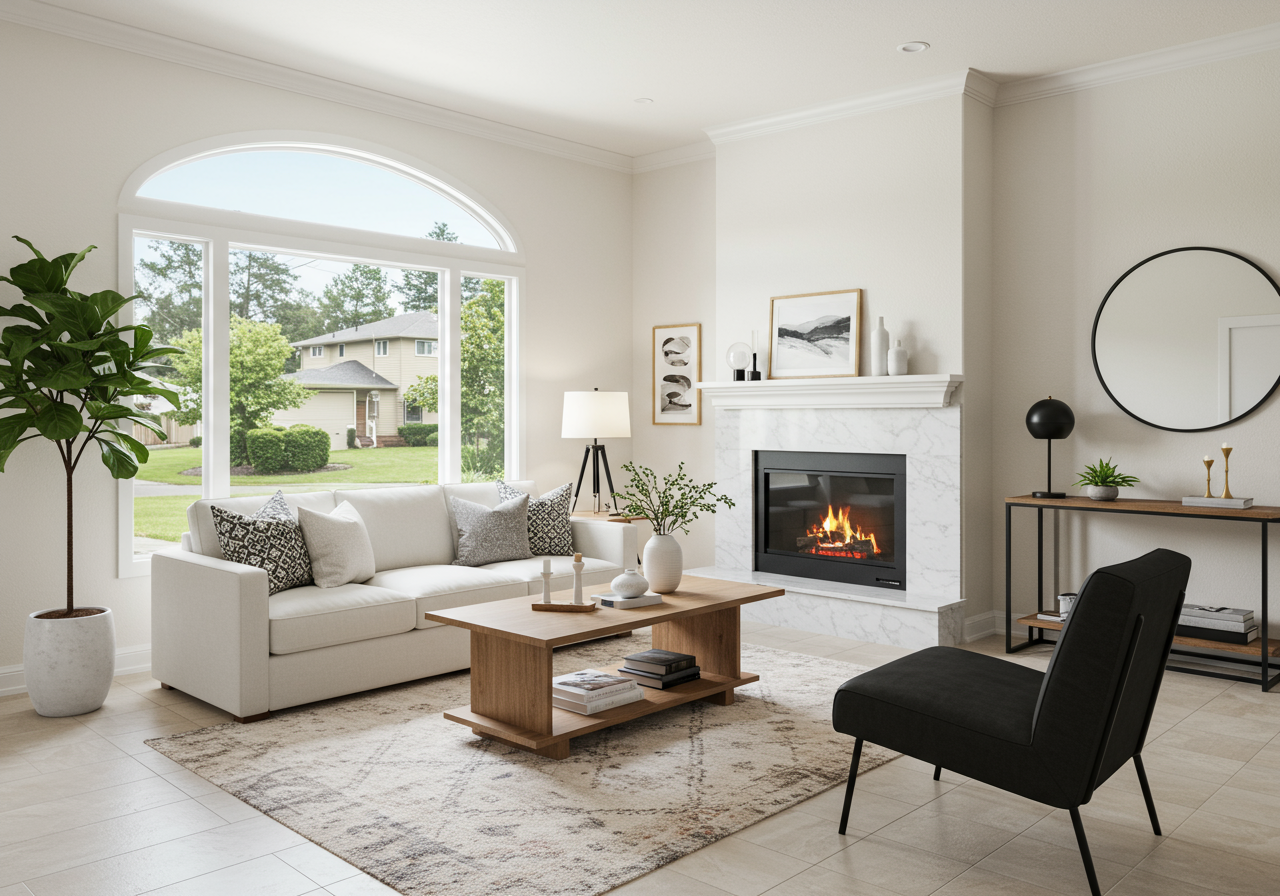 Modern living room with white sofa, indoor plants, fireplace, and wall art above the mantel.