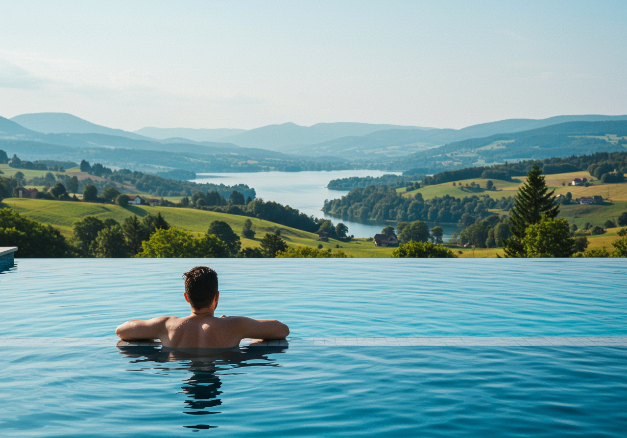 A man by a dock in a lake near trees.
