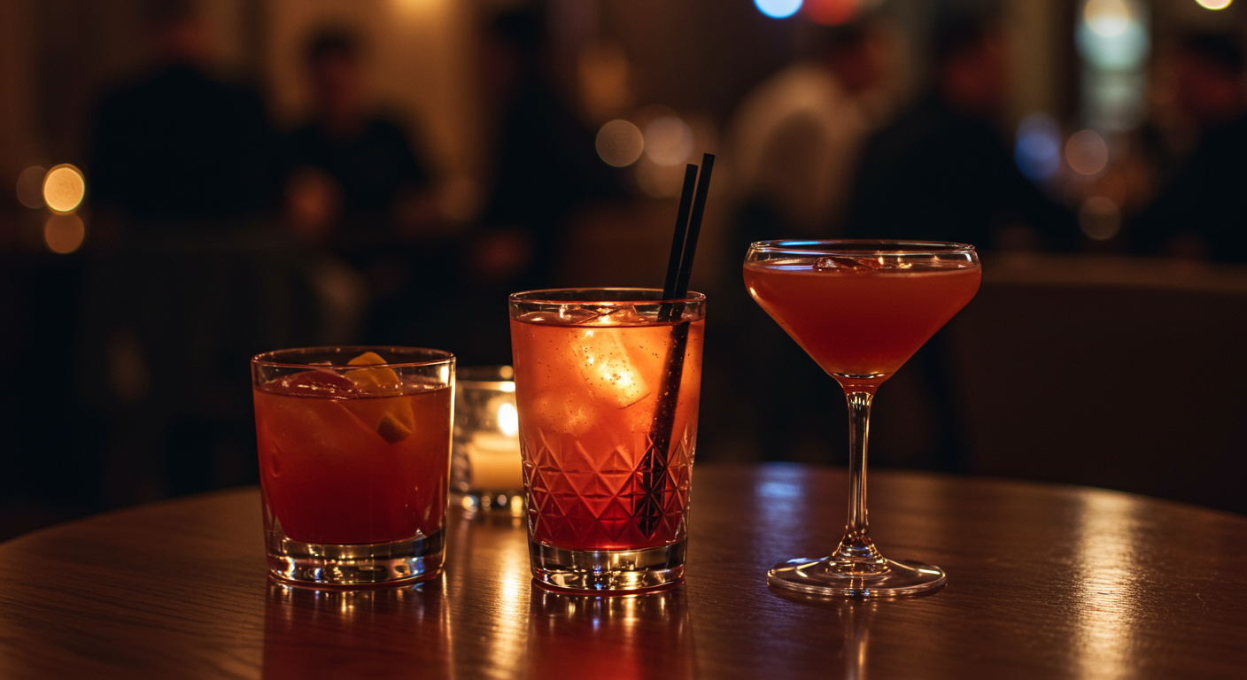 A dimly-lit photo of three cocktails on a table. The center cocktail is glowing.