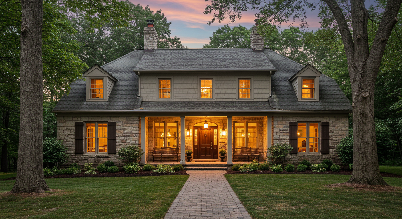 A large house with a stone facade and a brick walkway leading up to the front door.