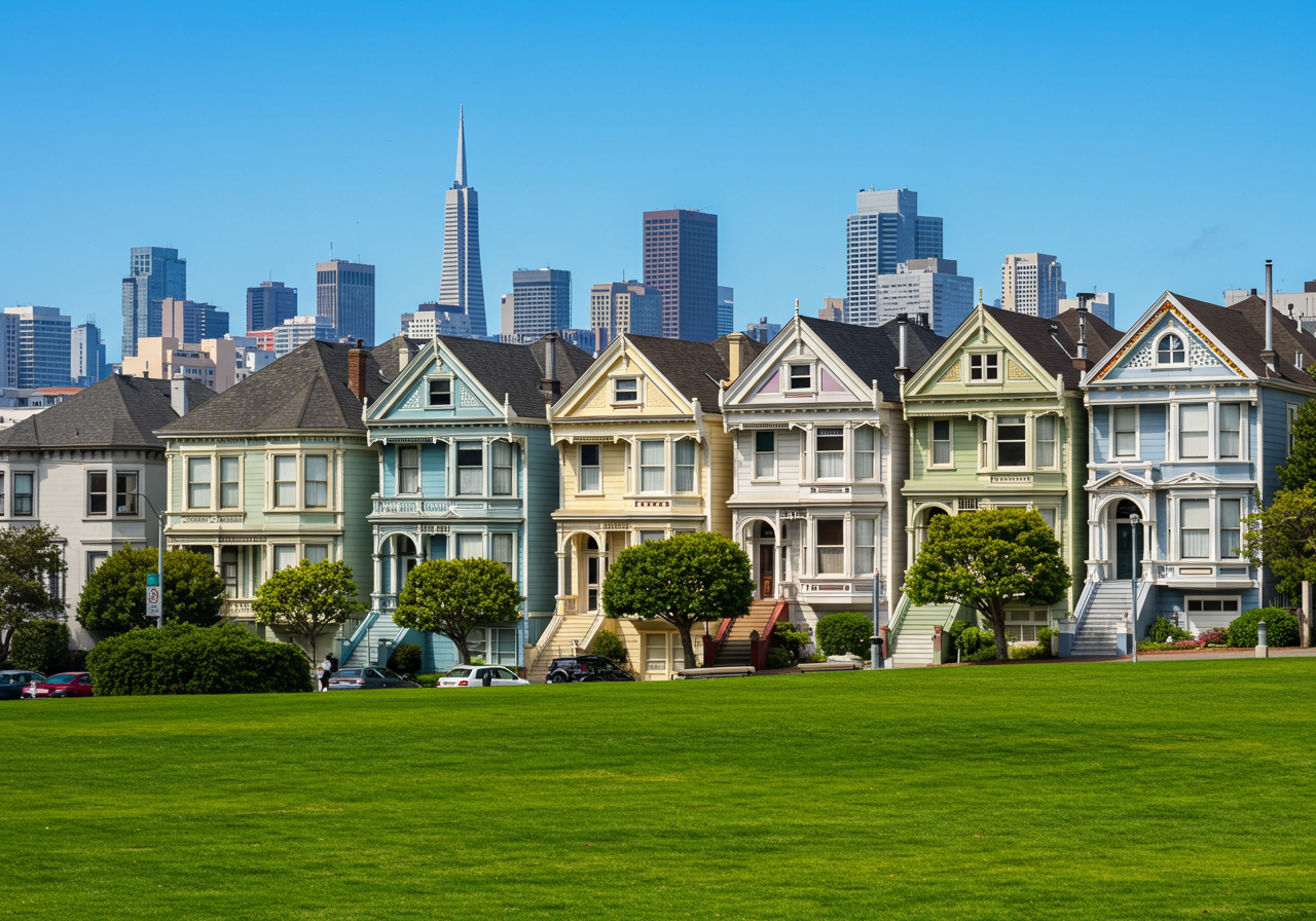 Exterior of typical cozy similar residential houses located in peaceful suburb area of San Francisco against modern skyscrapers on sunny day