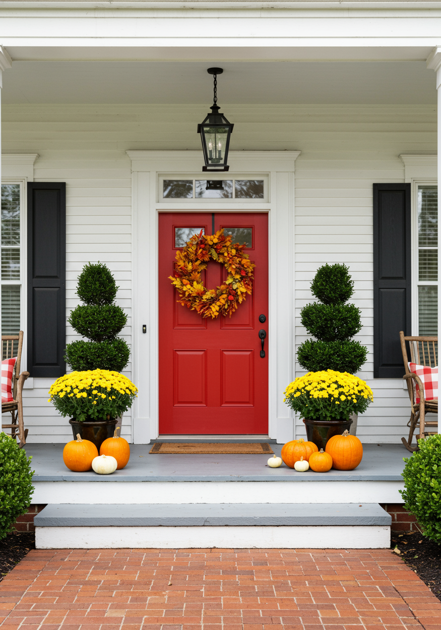 Red Door with Fall decor