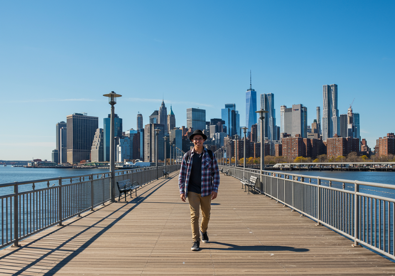 Young man in hat walking and laughing against New York City skyline