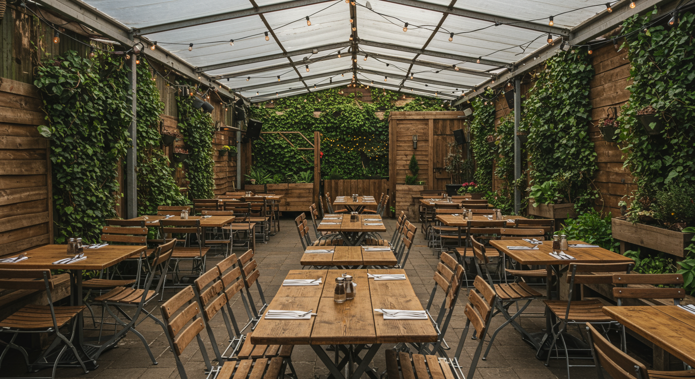 Tipsy Pig’s outdoor seating area bathed in gentle sunlight. Rustic wooden tables and chairs cast intricate shadows on the paved floor, creating a dance of light and dark. The transparent canopy overhead provides shelter while allowing diners to enjoy an open-air experience. Each table is meticulously set, inviting guests to savor a delightful meal amidst lush greenery. 