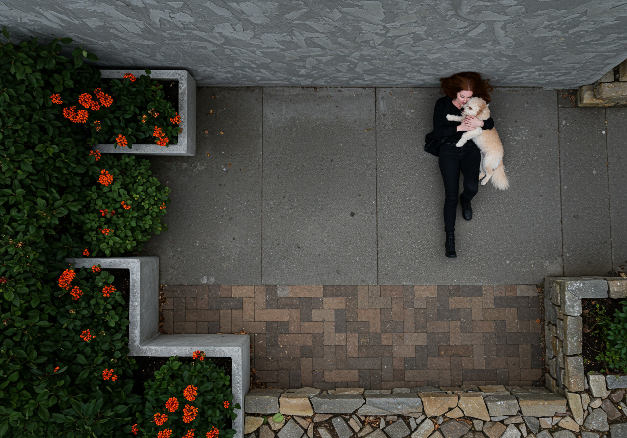 A woman and her dog looking like they are lying down a vertical wall.
