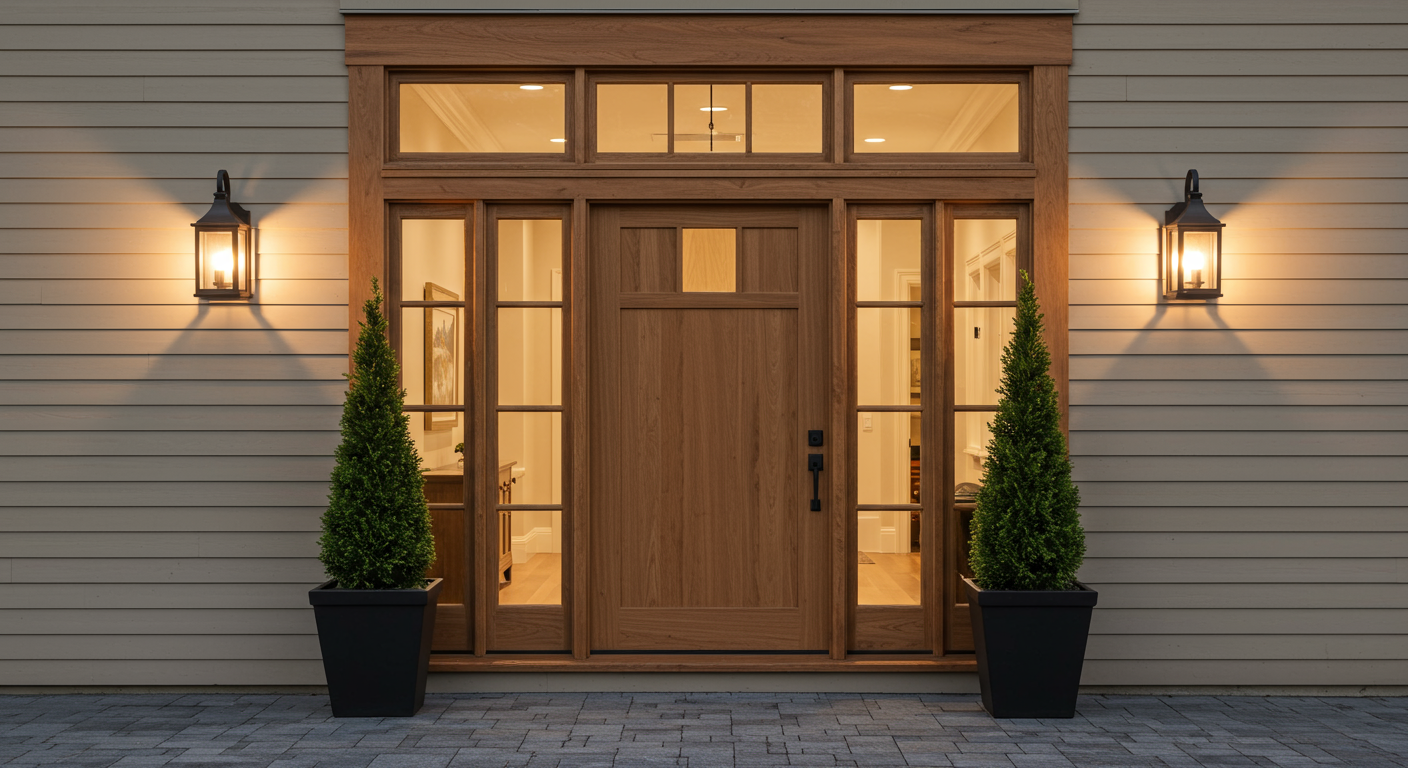 large wooden front door with hanging lights and topiaries