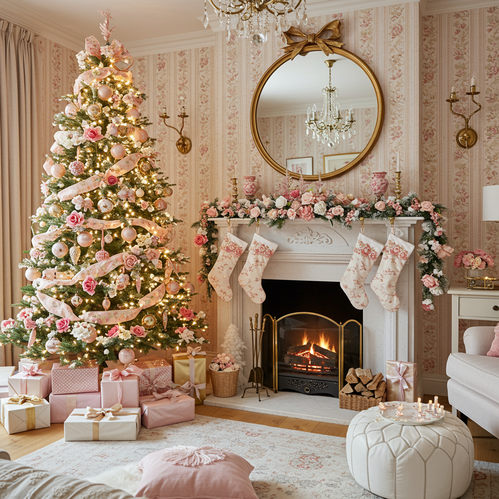 a beautifully decorated christmas tree stands in the corner, adorned with pink ribbons, ornaments, and floral accents nearby, a cozy fireplace features white stockings hanging from the mantle, along with decorative items and small evergreen trees the room has floral wallpaper and soft, inviting furnishings, including fluffy poufs presents are scattered on the floor, enhancing the festive atmosphere