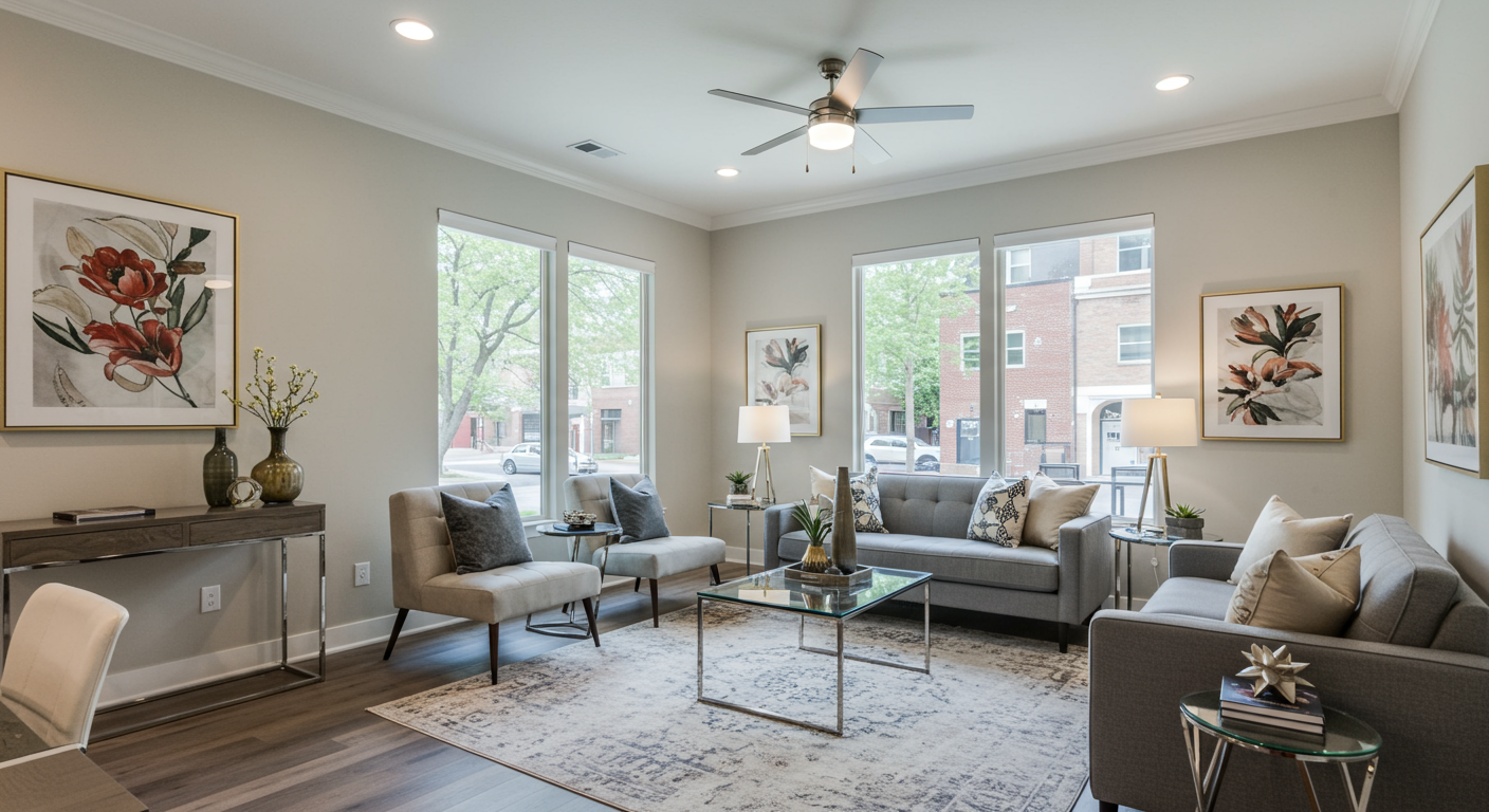 a living room with a rug and chairs