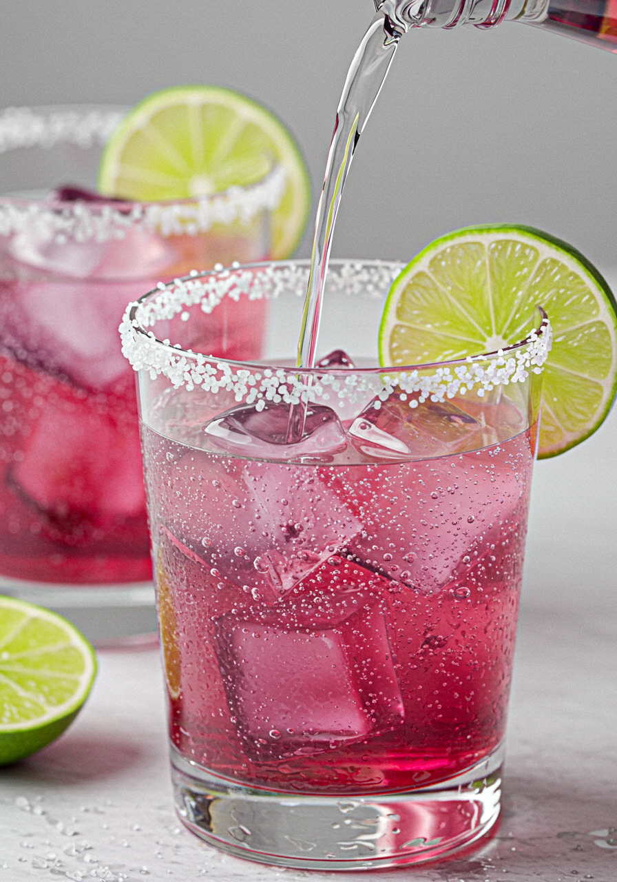 pink margarita with a purple ice cube with a salt rim and lime wedge