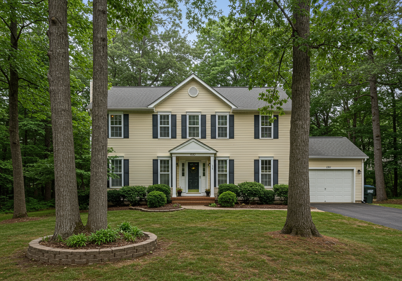 two story home with trees in the front yard. 