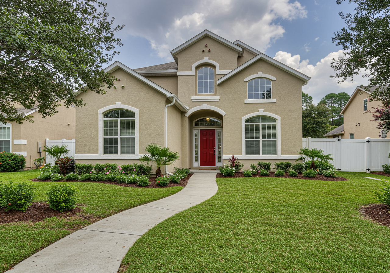 Home exterior with red door and green lush lawn with path leading to front door.