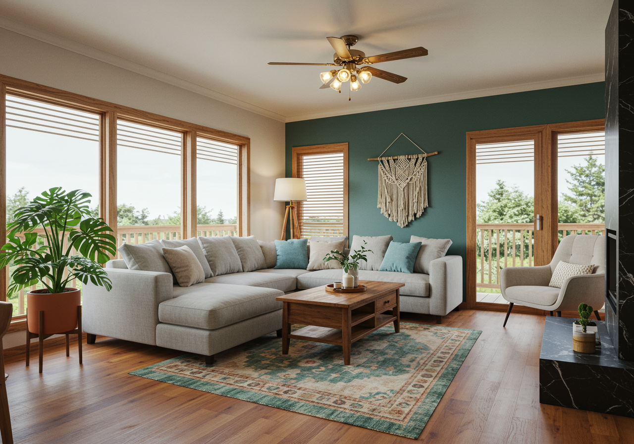 living room with a dark green wall that has a grey couch pushed against it, a natural wood coffee table sit atop an aztec print rug 