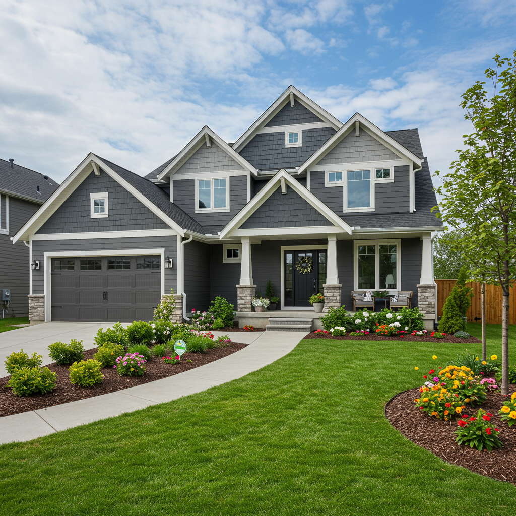 Well-maintained home exterior with fresh landscaping and painted door