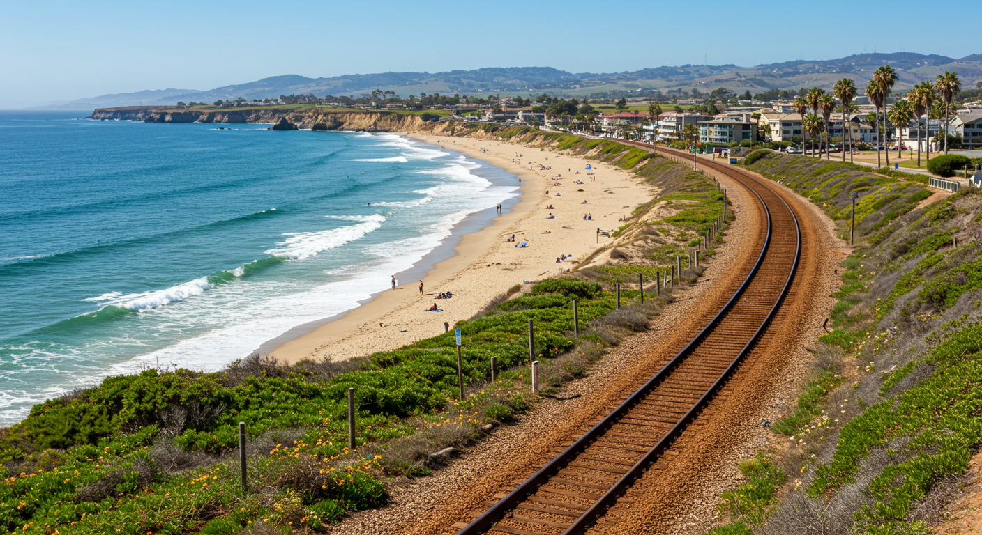 View of the beach and train tracks in Del Mar, CA