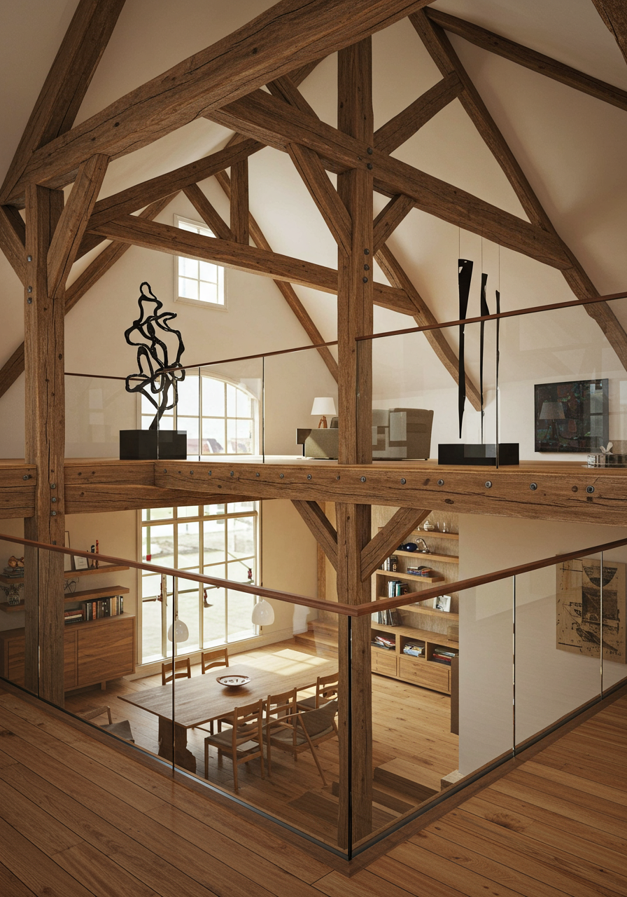 Image may contain Indoors Interior Design Wood Architecture Building House Housing Loft Room Chair and Furniture
