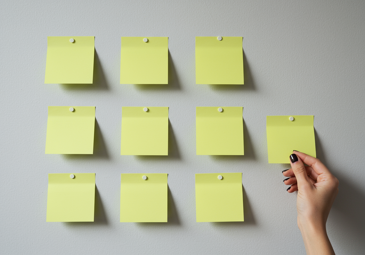 Hand adding a ninth post-it note to a square on the wall made of post-it notes