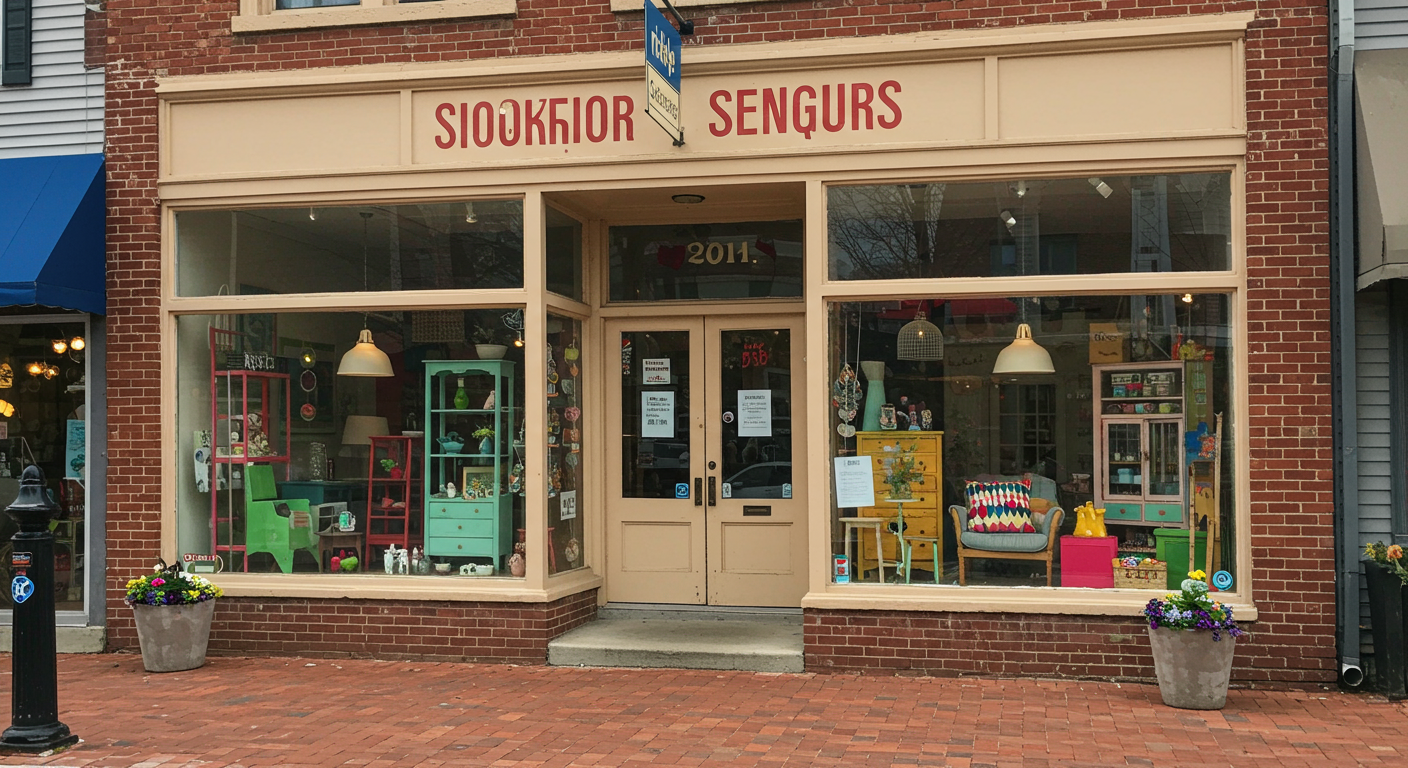 Brick storefront with large display windows, colorful interior furnishings, and flower planters by the entrance.