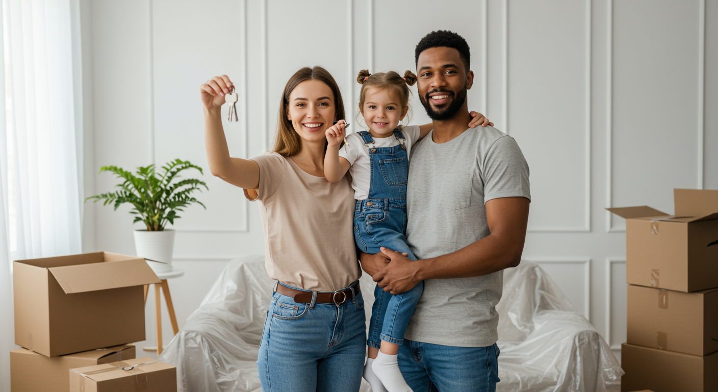 Portrait Of Happy Family Showing Key, Standing In Living Room. 