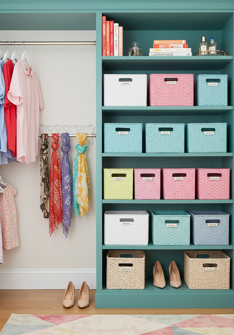 Organized closet with baskets