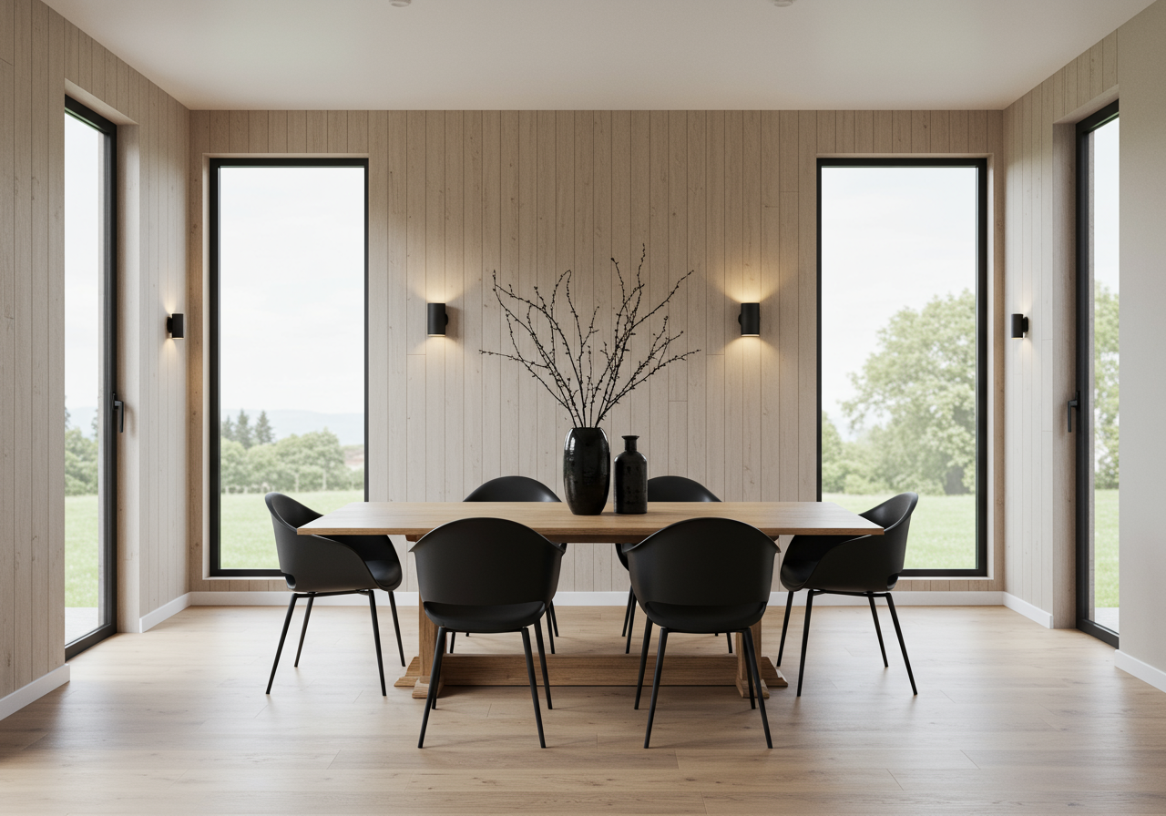 Image may contain Indoors Interior Design Wood Panels Chair Furniture Dining Table Table Architecture and Building