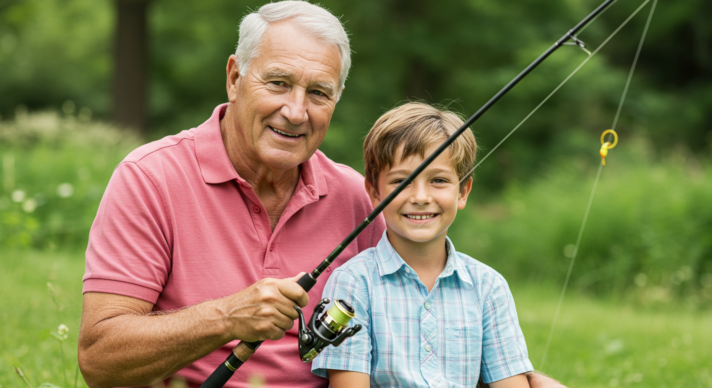 An older man and a boy smile while holding a fishing rod outdoors.