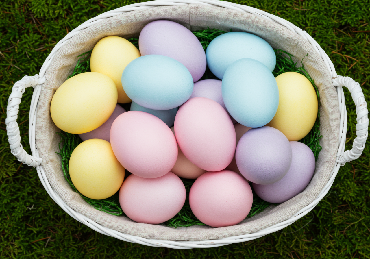 Pastel Easter eggs fill a white basket lined with green grass.
