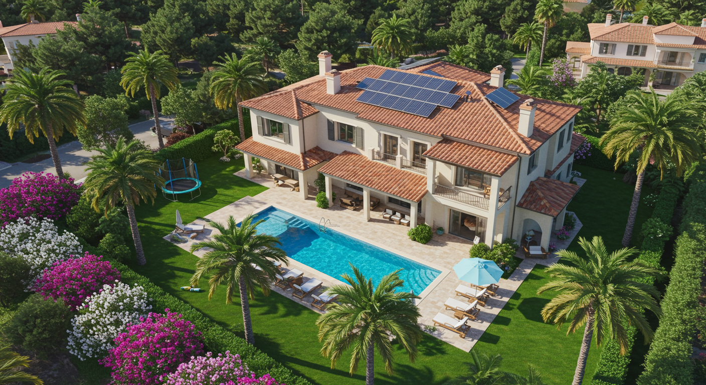 Aerial view of 12791 Panorama Crest showing backyard with pool and solar panels on the roof.