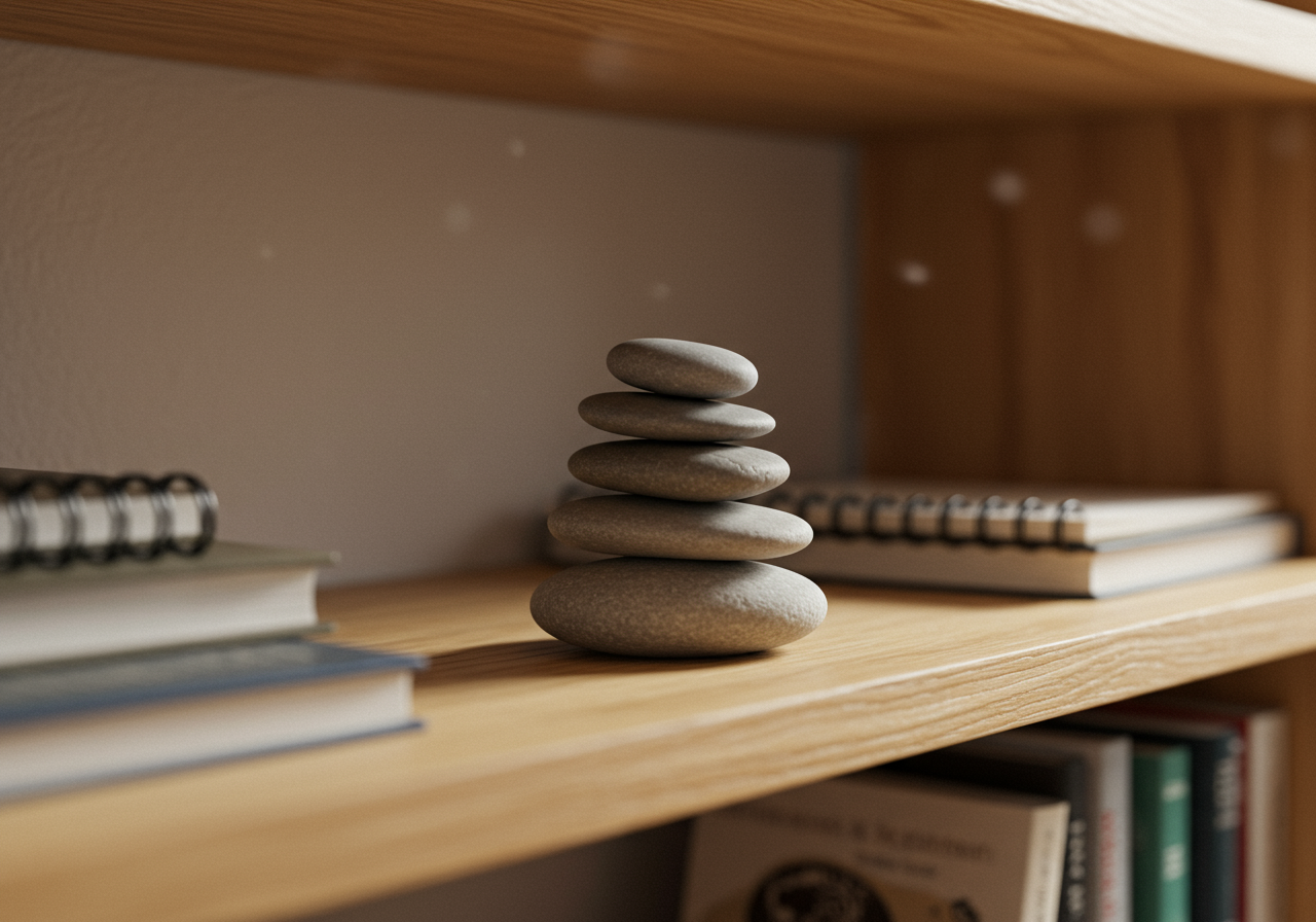 Stone cairn in a book shelf in the living room