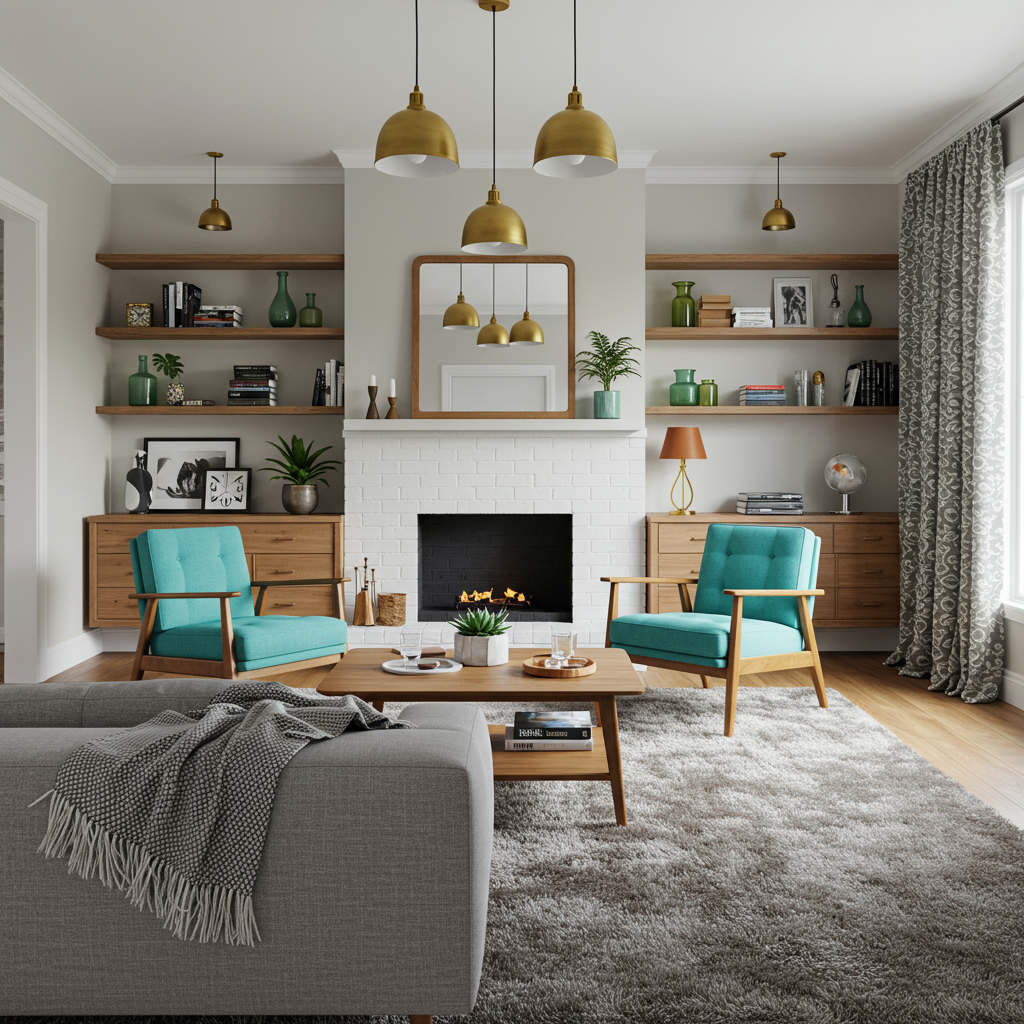 Living room with blue mid-century arm chairs, gray couch, and white shelves.