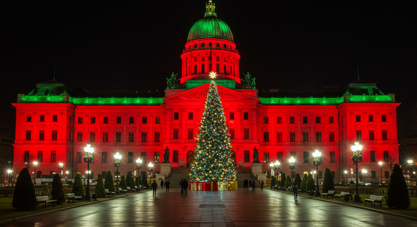 San Francisco Civic Center lit up in red and green with a gold Christmas tree display.