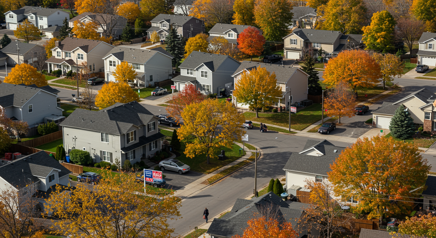 Aerial view of detached homes and intersecting streets beneath colorful autumn trees.