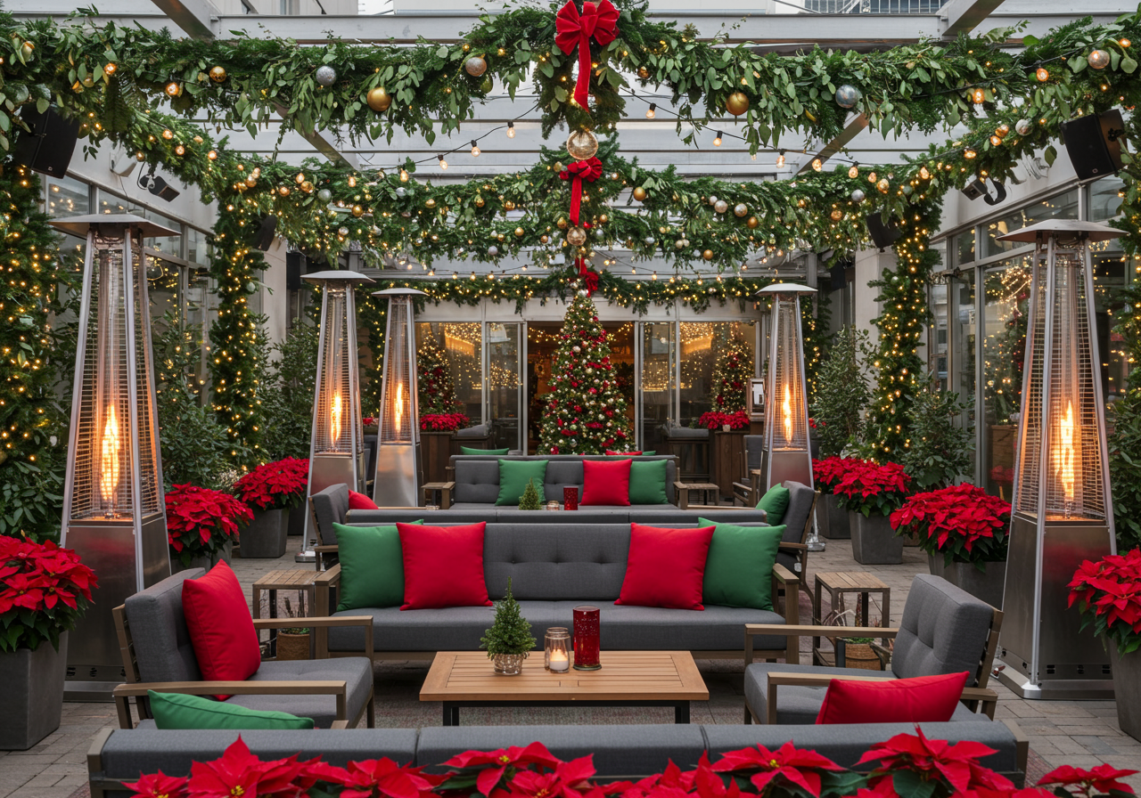 The Vault Garden patio decorated for the holidays.