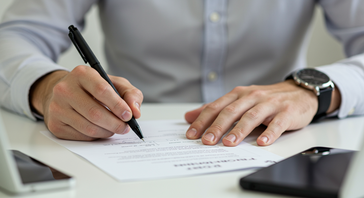 Close-up of a person signing a document with a pen on a white desk.