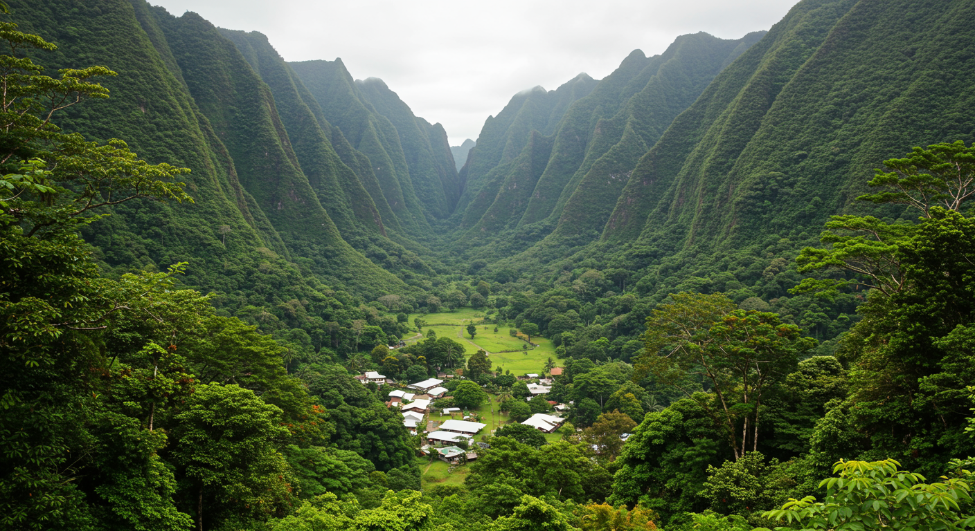 Manoa Valley, with its picturesque homes nestled alongside a babbling brook and towering trees.