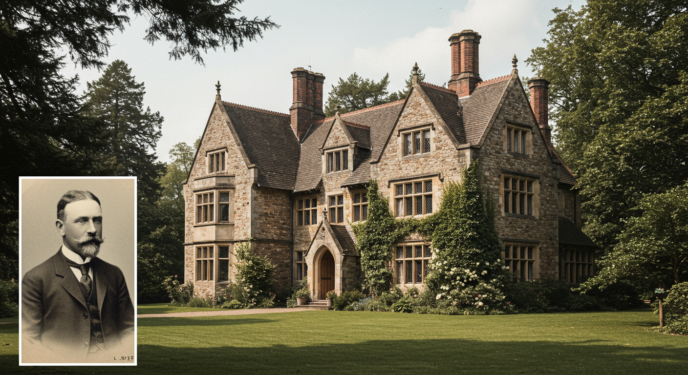 TWO IMAGES: Tudor Mansion in the West Adams district owned by William G. Kerckhoff, father of Marion and Gertrude + a caricature of William G. Kerckhoff from 1905 by Los Angeles Times illustrator &mdash; and noted painter&mdash; Arthur Burnside Dodge