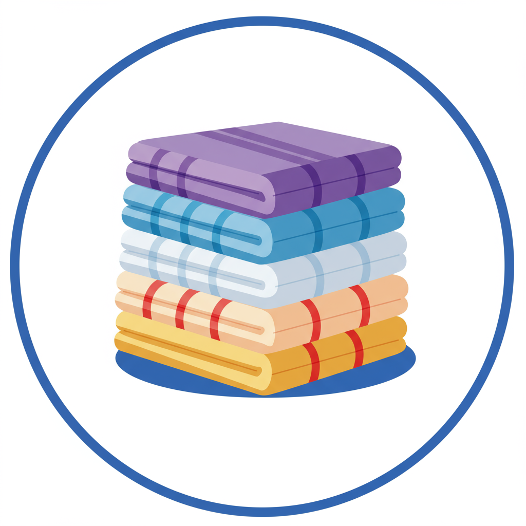 Stack of folded towels in purple, blue, white, peach, and yellow.